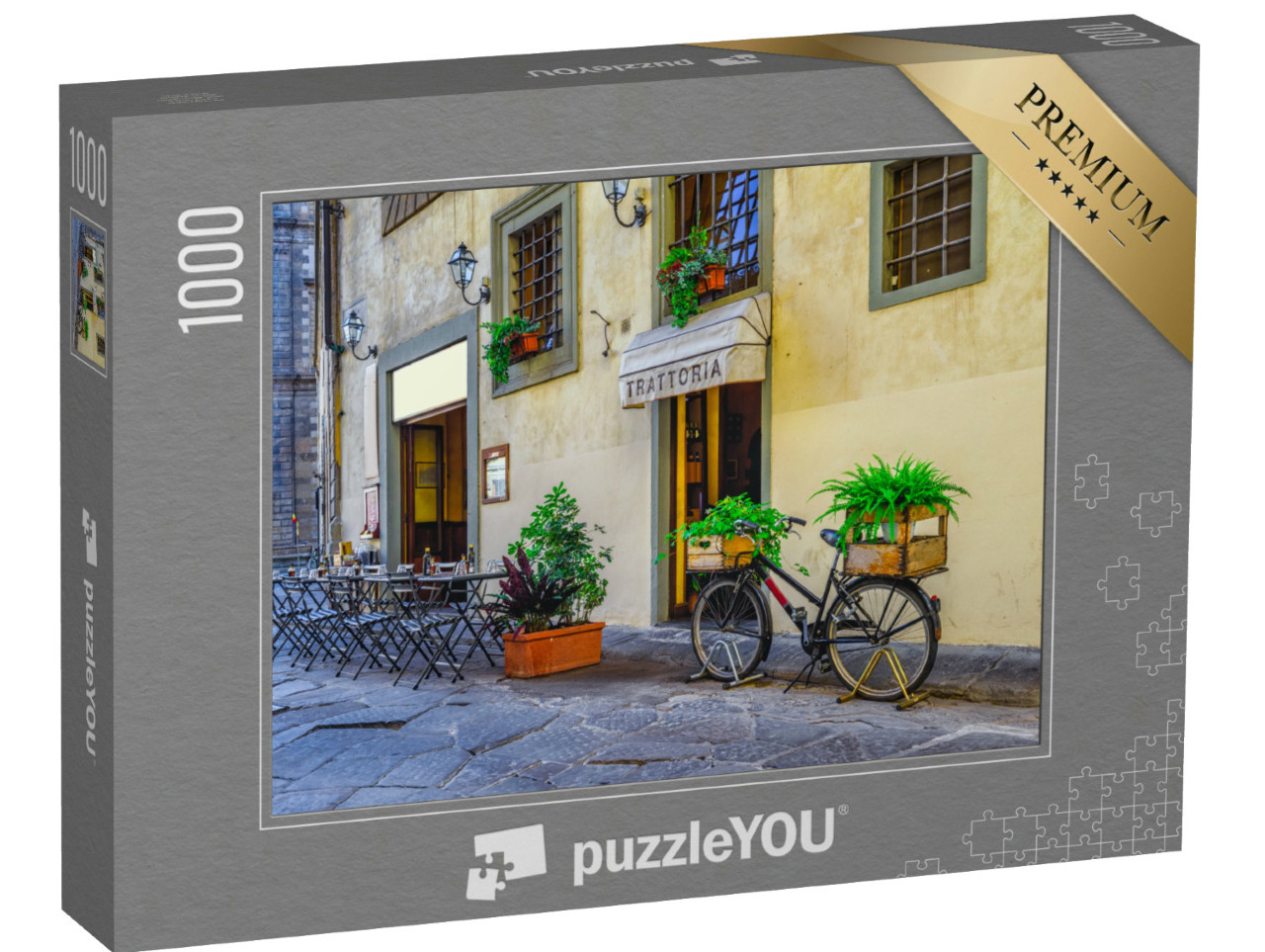 Puzzle 1000 pezzi „Strada stretta con i tavoli di un'antica trattoria a Firenze, Toscana, Italia“