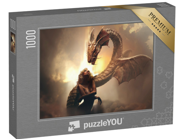 Puzzle 1000 pezzi „Ragazza bionda e drago in un mondo fantastico“