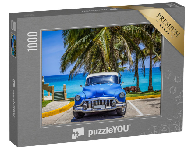 Puzzle 1000 pezzi „Auto d'epoca: Buick parcheggiata sotto le palme sulla spiaggia, Varadero, Cuba“