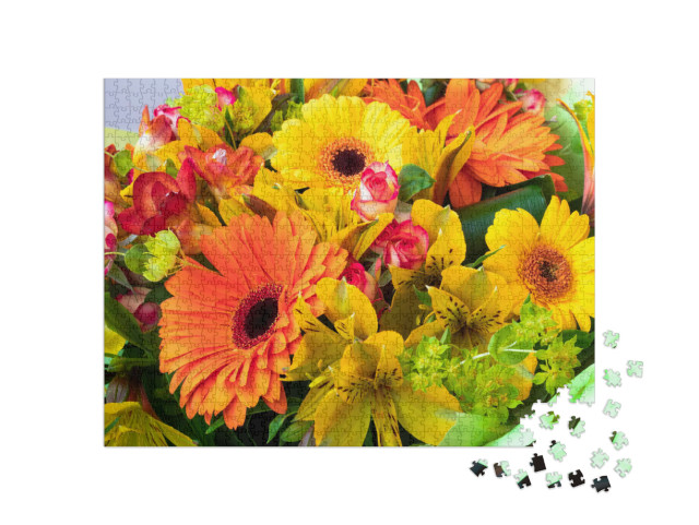 Puzzle 1000 pezzi „Gerbere gialle e arancioni in un bouquet“