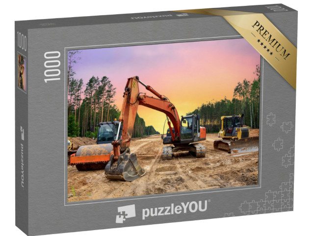 Puzzle 1000 pezzi „Bulldozer, escavatori e compattatori di terreno per lavori di costruzione stradale“
