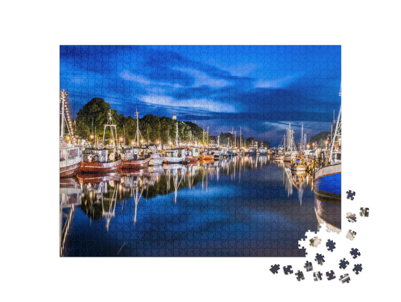 Puzzle 1000 pezzi „Vista notturna con navi e il Mar Baltico a Warnemünde, Rostock, Germania“