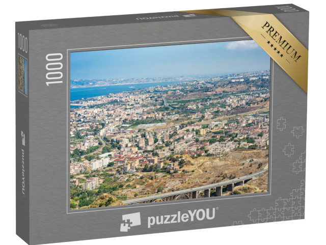 Puzzle 1000 pezzi „Paesaggio fantastico sul mare, Stretto di Messina, foto unica, vista aerea dall'alto di Reggio Calabria“