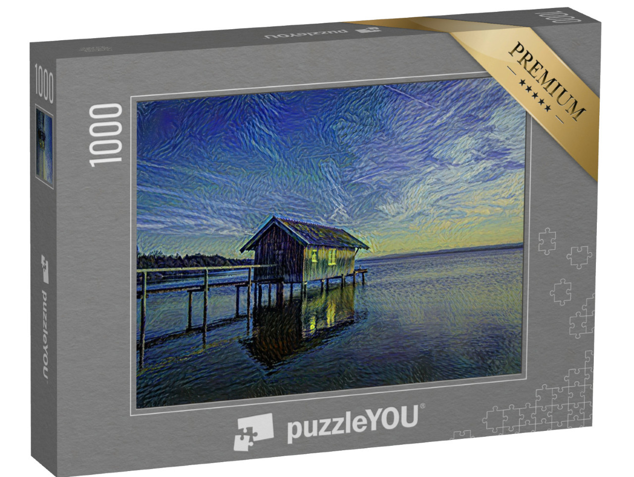 Puzzle 1000 pezzi „nello stile artistico di van Gogh, Notte Stellata - Seehaus a Stegen am Ammersee in Baviera“