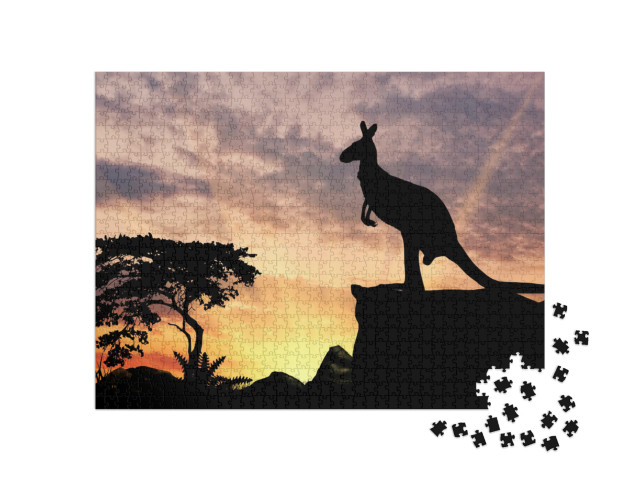 Puzzle 1000 pezzi „Silhouette di un canguro su una collina al tramonto“