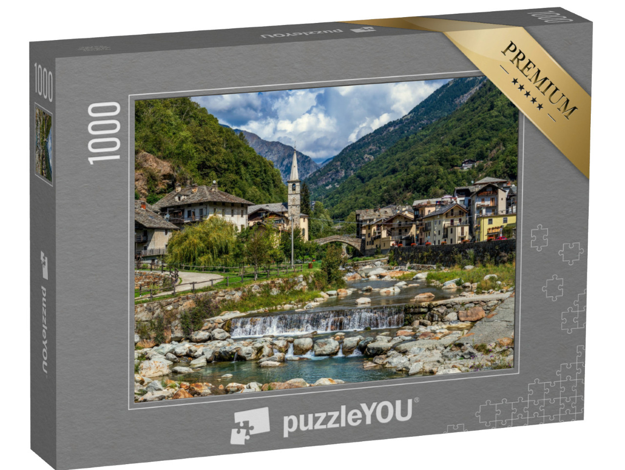 Puzzle 1000 pezzi „Vista del fiume alpino, della cittadina di Fontainemrore e delle montagne in Valle d'Aosta, Italia.“