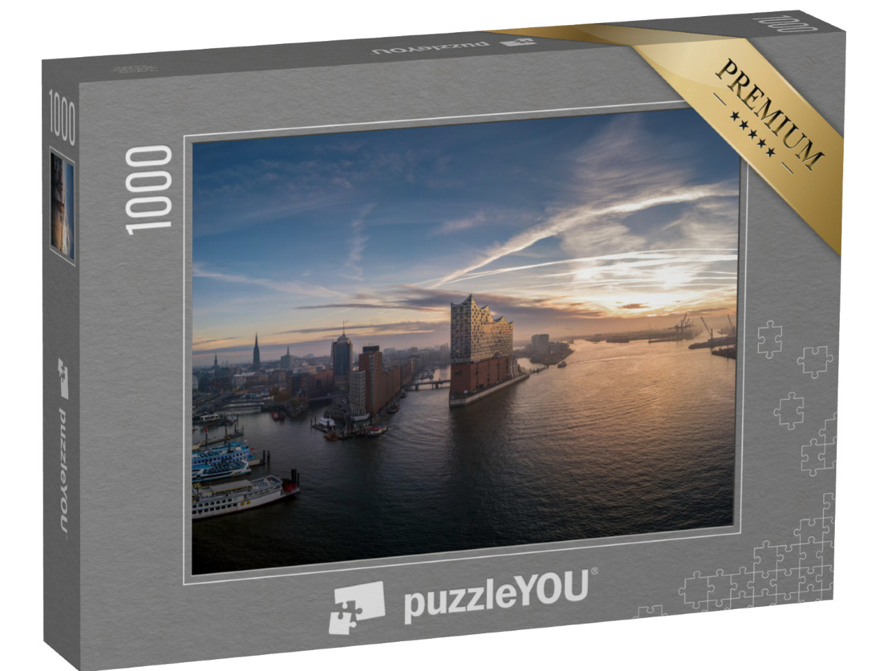 Puzzle 1000 pezzi „Il porto di Amburgo con una splendida alba“