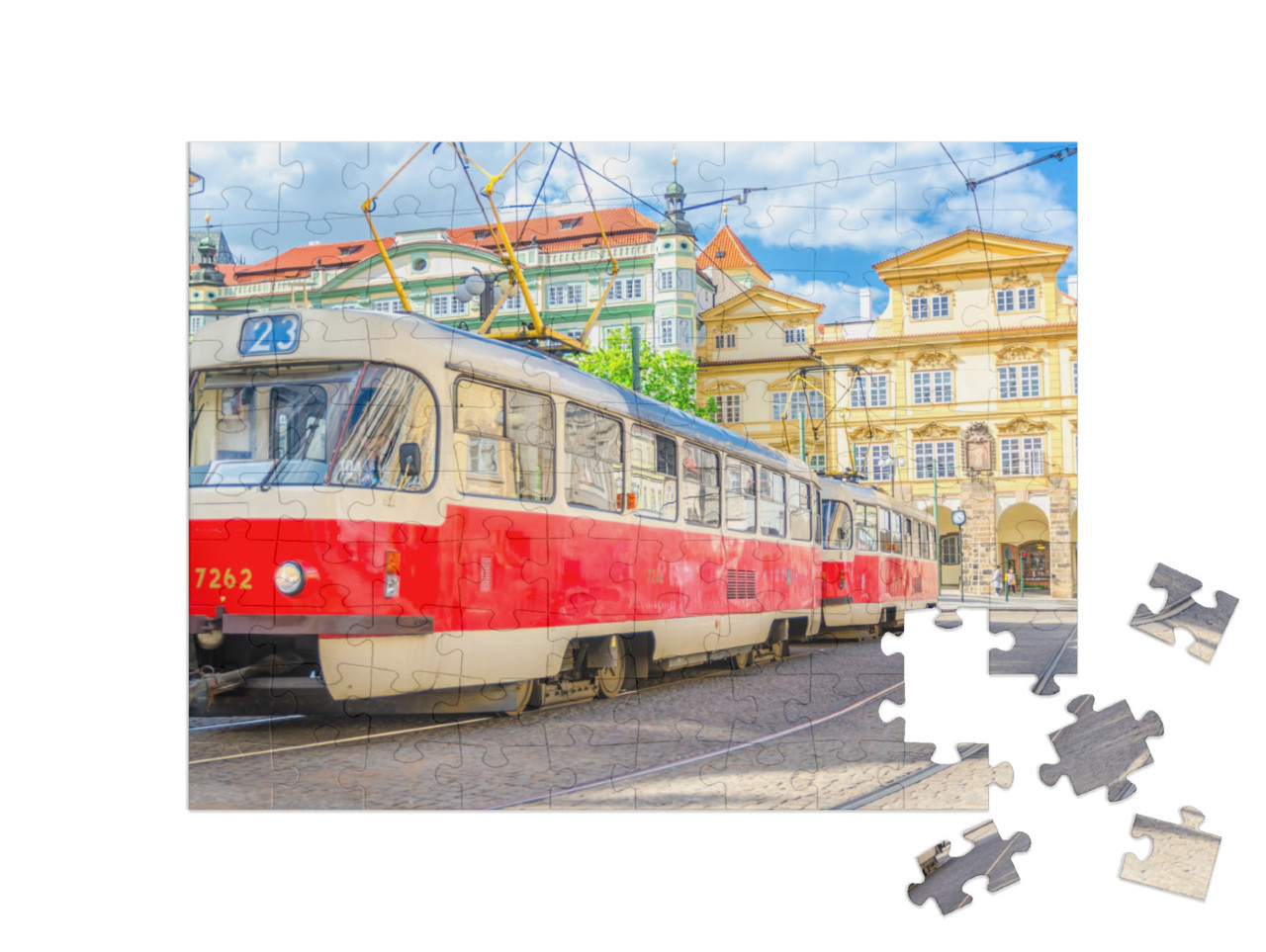 Puzzle 100 pezzi „Tram retrò su rotaie nelle strade di Praga“