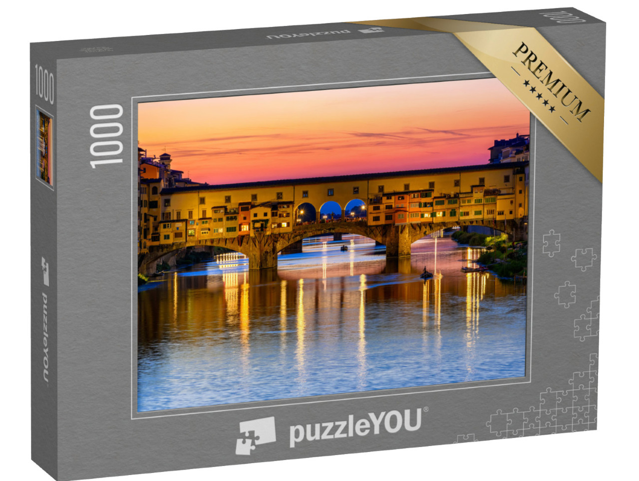 Puzzle 1000 pezzi „Vista al tramonto del Ponte Vecchio sul fiume Arno a Firenze, Italia“