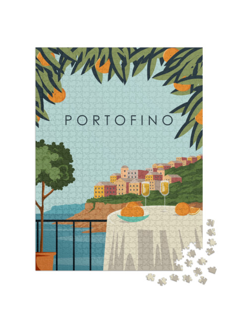 Puzzle 1000 pezzi „Illustrazione vettoriale. Portofino. Poster di viaggio, cartolina, copertina. Caffè in riva al mare“