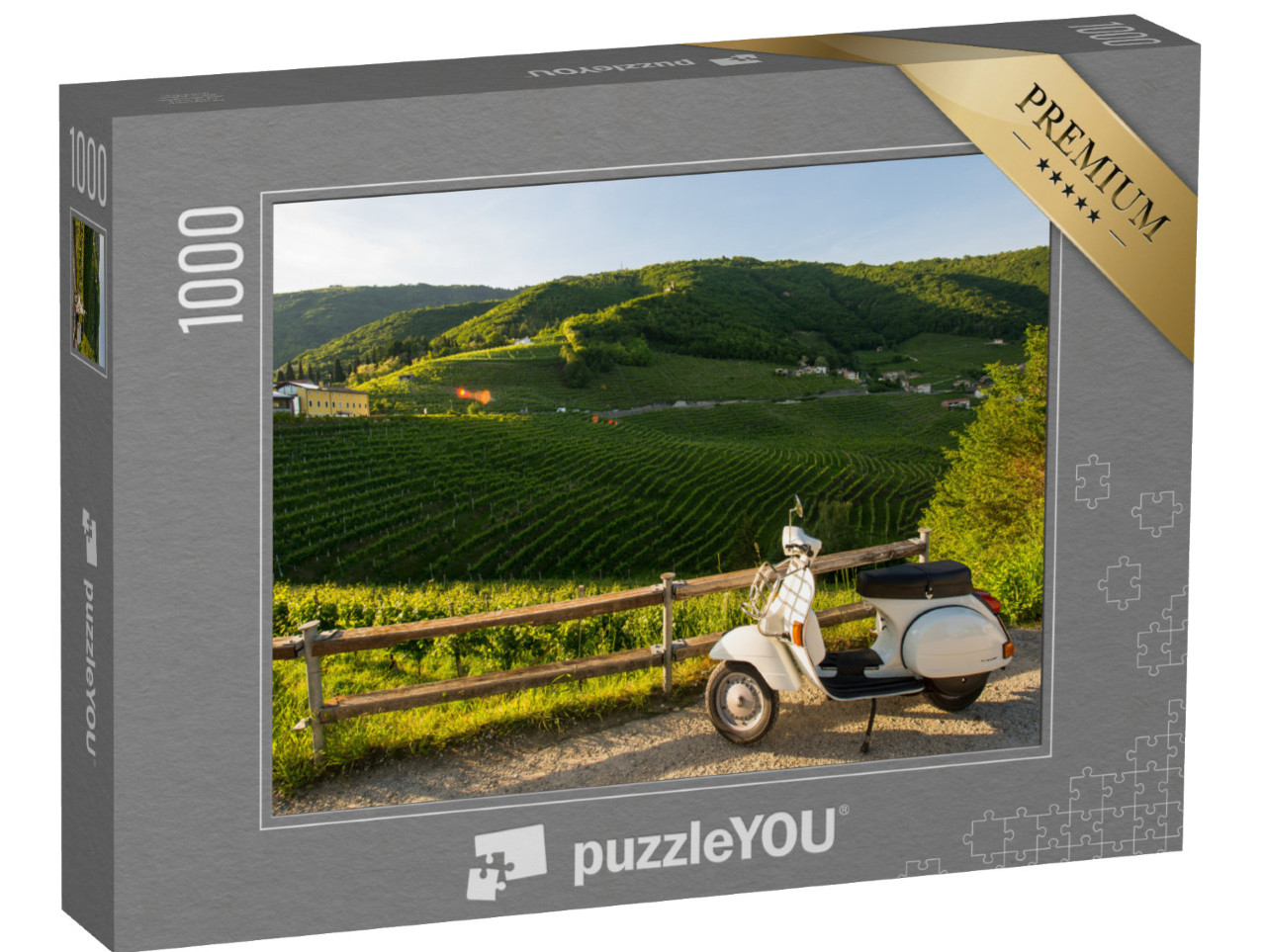 Puzzle 1000 pezzi „Bellissimo paesaggio di colline con vigneti con Vespa d'epoca“