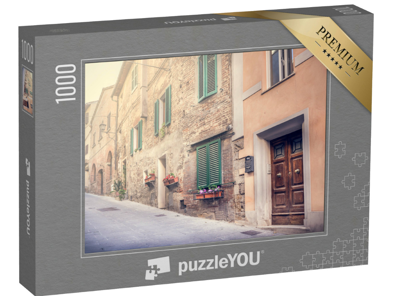 Puzzle 1000 pezzi „Una strada accattivante dell'antico borgo di Montepulciano, in Toscana“