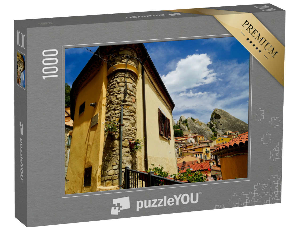 Puzzle 1000 pezzi „Castelmezzano, l'antico borgo immerso nei tipici panorami delle Dolomiti Lucane, Potenza, Basilicata“