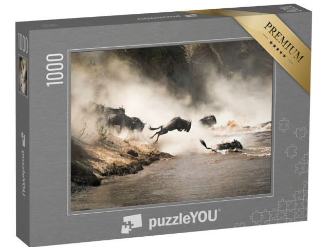 Puzzle 1000 pezzi „Spettacolare ripresa degli gnu che attraversano il fiume Mara, Kenya“