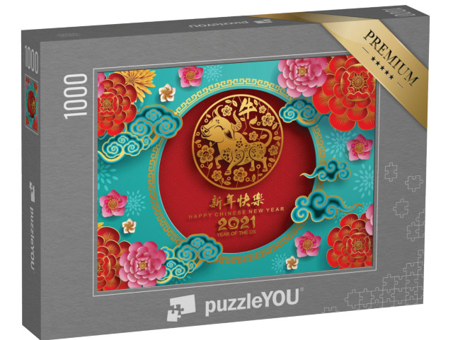 Puzzle 1000 pezzi „Capodanno cinese 2021: anno del bue, dei fiori e degli elementi asiatici“