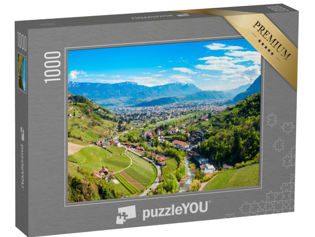 Puzzle 1000 pezzi „Vista panoramica a volo d'uccello su Bolzano e sulle Dolomiti“