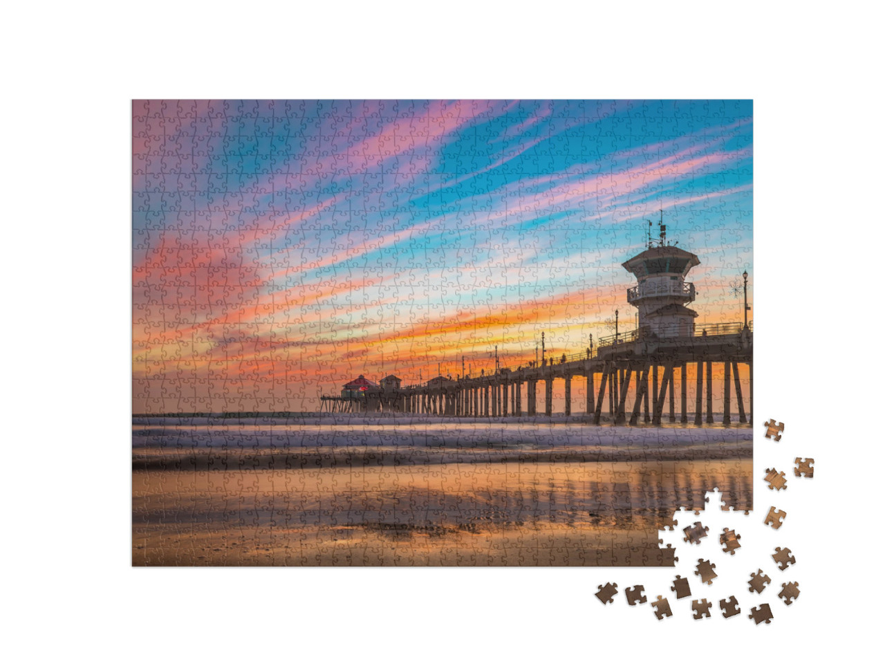 Puzzle 1000 pezzi „Bellissimo tramonto sul molo di Huntington Beach, California“