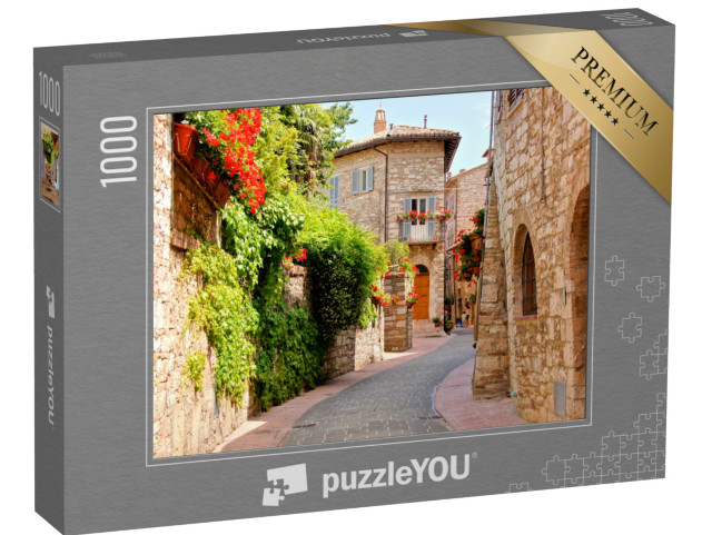 Puzzle 1000 pezzi „Strada fiorita nella città di Assisi, Italia“