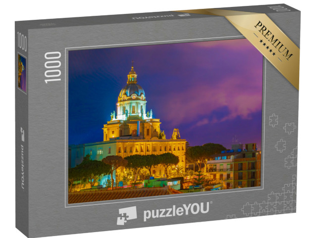 Puzzle 1000 pezzi „Messina, Sicilia, Italia. La cupola della Chiesa di Cristo Re che domina la città illuminata di notte“