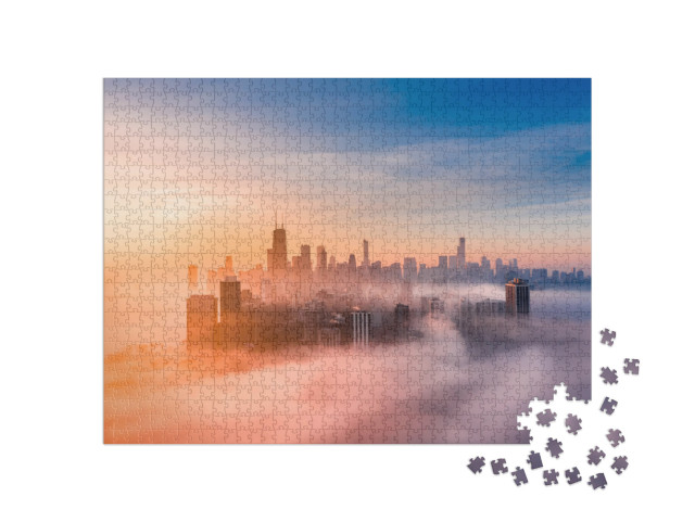 Puzzle 1000 pezzi „Alba nebbiosa con skyline di Chicago“