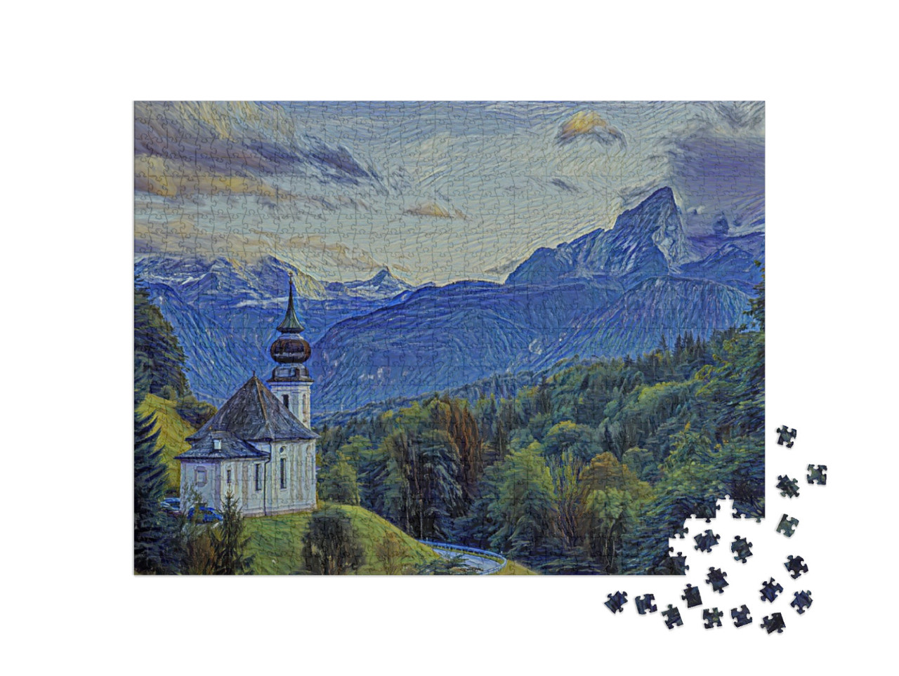 Puzzle 1000 pezzi „nello stile artistico di van Gogh, Notte stellata - Watzmann con la chiesa di Maria Gern“