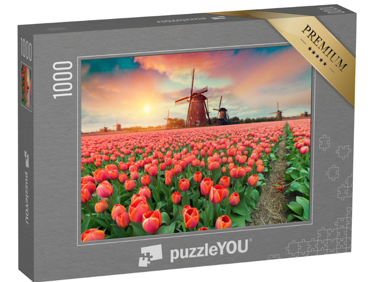 Puzzle 1000 pezzi „Tramonto su mulini a vento e tulipani, Paesi Bassi“