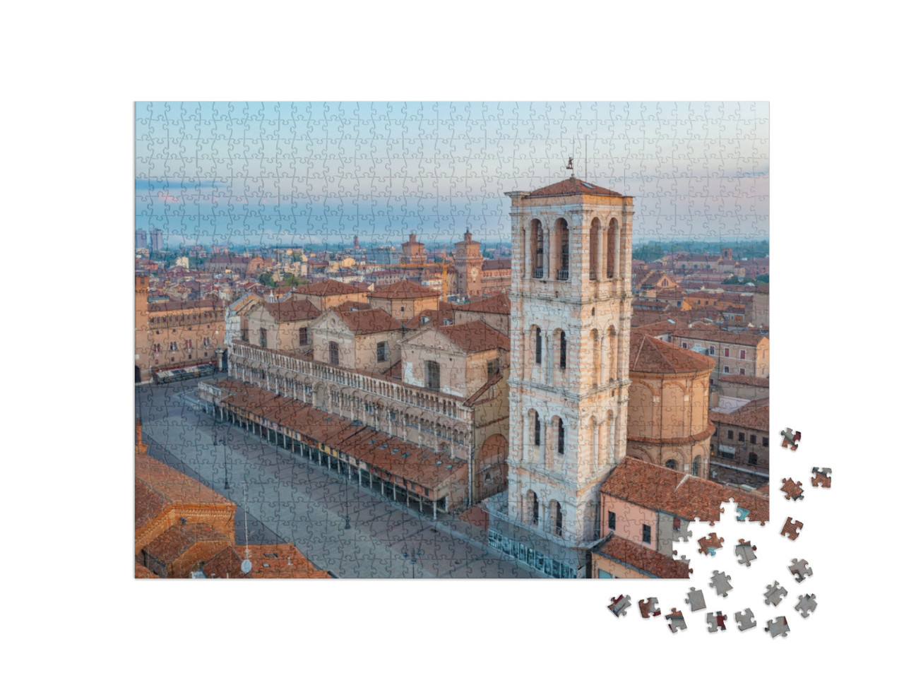 Puzzle 1000 pezzi „Vista aerea dell'alba di Piazza Trento e Triste a Ferrara.“