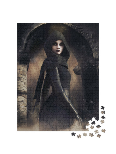 Puzzle 1000 pezzi „Maga gotica con una tunica con cappuccio“