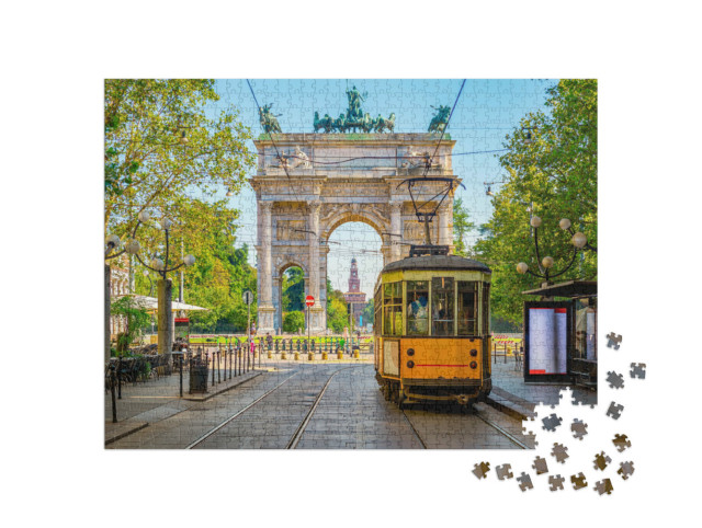 Puzzle 1000 pezzi „Vista dell'Arco della Pace con il tram giallo a Milano, Italia“