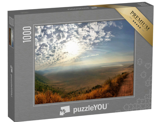 Puzzle 1000 pezzi „Panorama del cratere di Ngorongoro con un cielo azzurro e soleggiato“