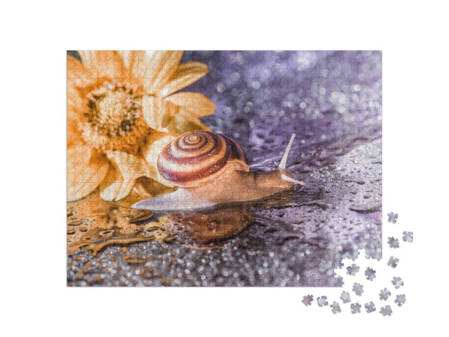 Puzzle 1000 pezzi „Una piccola lumaca tra le gocce di pioggia“