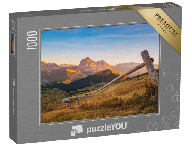 Puzzle 1000 pezzi „Maestosa vista panoramica al tramonto sulla cima del Seceda nelle Alpi dolomitiche, Alto Adige“