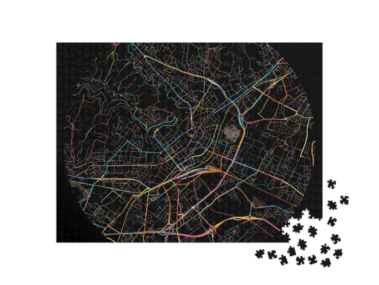 Puzzle 1000 pezzi „Mappa di Bergamo, Lombardia con tutte le strade principali e secondarie, le ferrovie e le vie d'acqua“