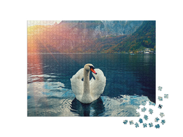 Puzzle 1000 pezzi „Cigno maestoso nel lago di Hallstadt, Austria“