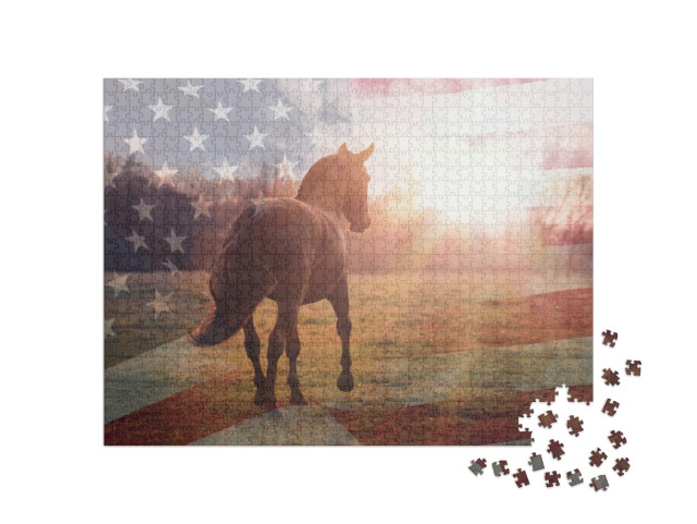 Puzzle 1000 pezzi „Ritratto di un quarter horse americano con la bandiera degli Stati Uniti d'America“