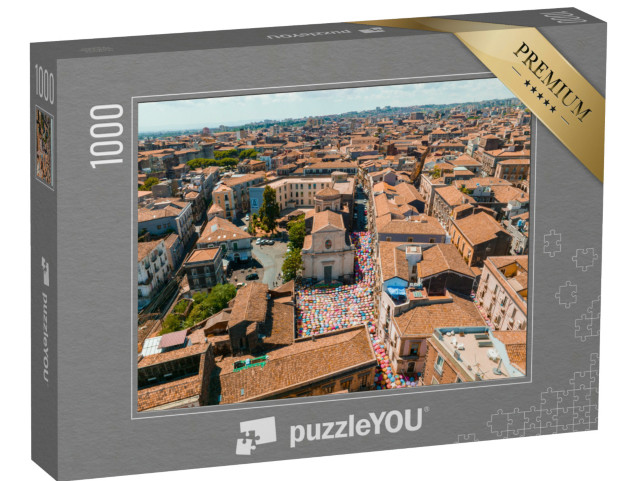 Puzzle 1000 pezzi „Catania Sicilia: Ombrelli al mercato del pesce, vista colorata“