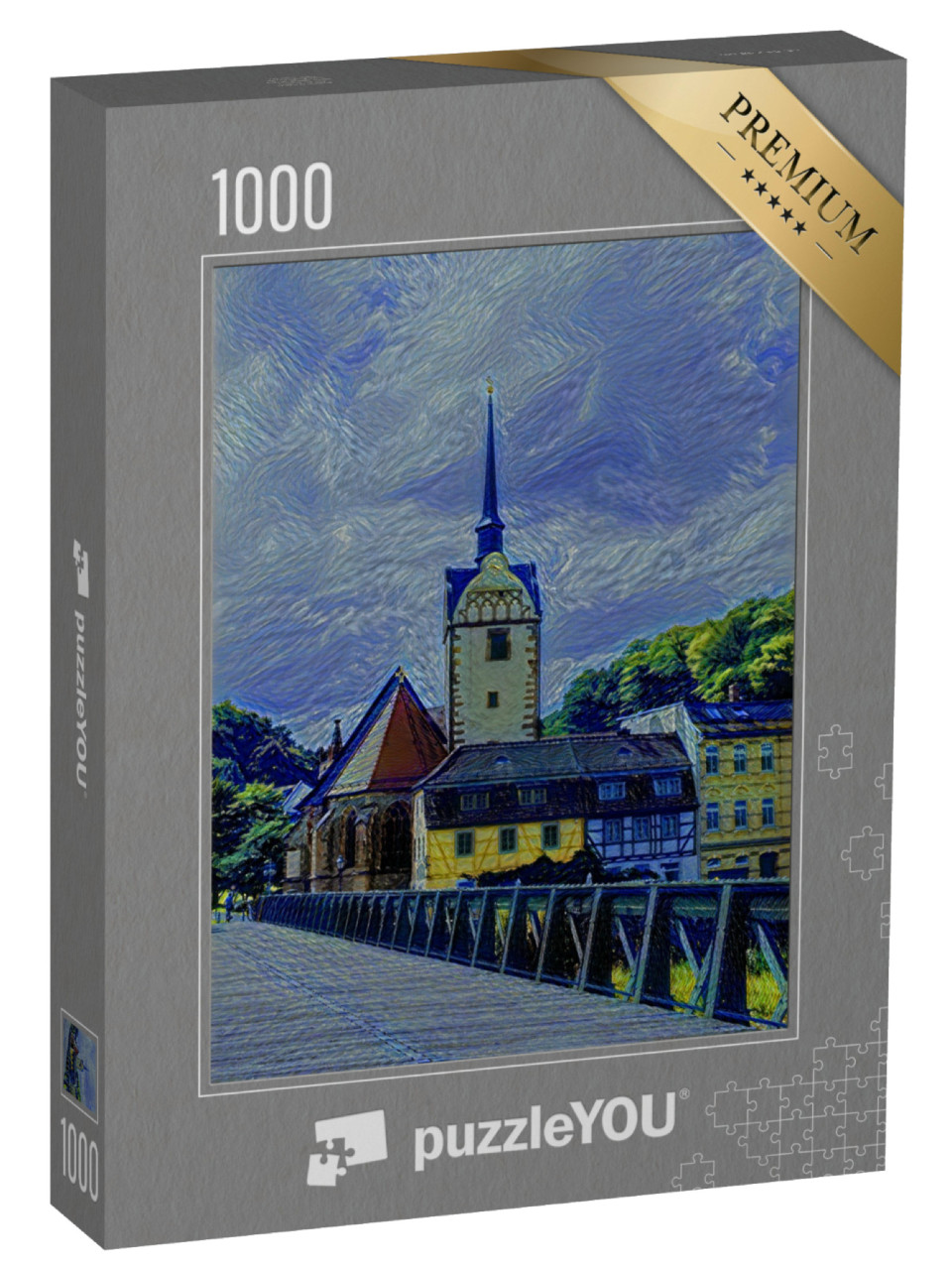 Puzzle 1000 pezzi „nello stile artistico di van Gogh, Notte stellata - Chiesa di Santa Maria a Gera“