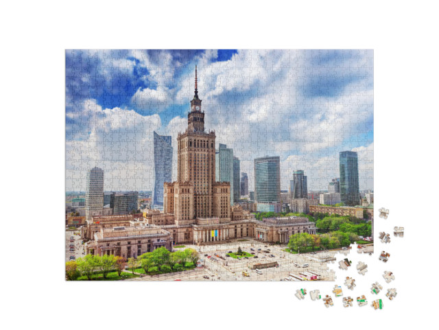 Puzzle 1000 pezzi „Vista aerea: Palazzo della Cultura e della Scienza con grattacieli, Varsavia“