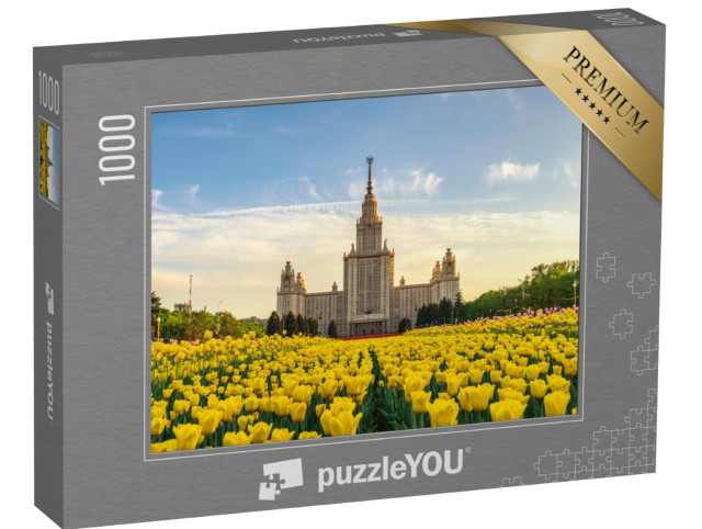 Puzzle 1000 pezzi „Fiori di tulipano primaverili all'Università Statale di Mosca, Mosca, Russia“