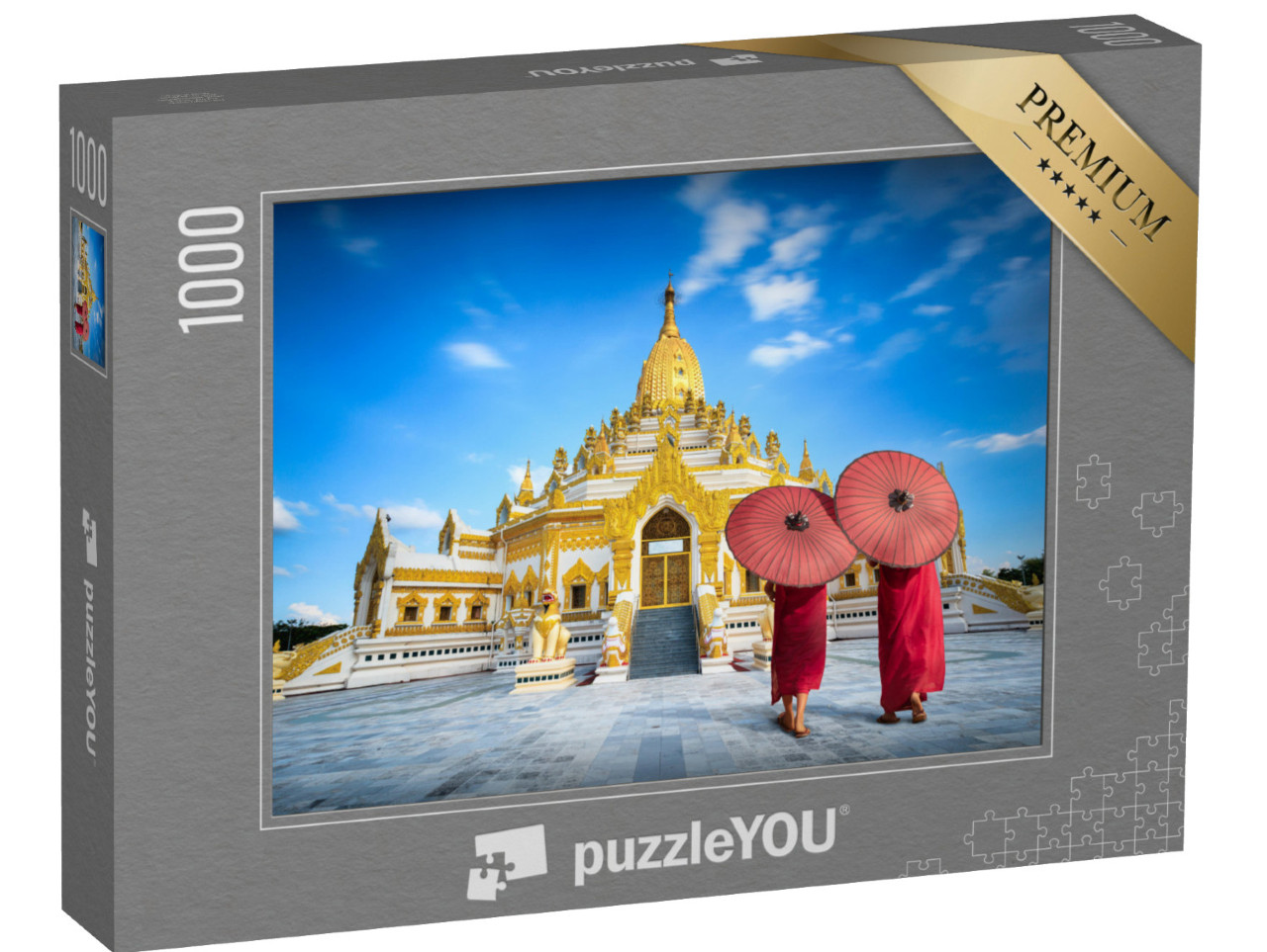 Puzzle 1000 pezzi „Monaci con ombrelli rossi davanti alla pagoda Swe Taw Myat, Yangon, Myanmar“