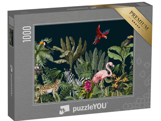 Puzzle 1000 pezzi „Disegno senza cuciture con animali della giungla, fiori e alberi“
