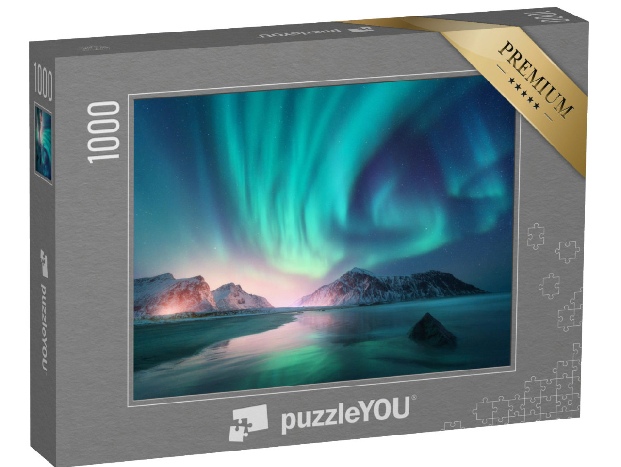 Puzzle 1000 pezzi „L'aurora boreale sul mare e sulle montagne innevate“