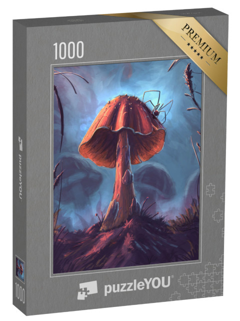 Puzzle 1000 pezzi „Un fungo di fantasia con ragno, illustrazione digitale“