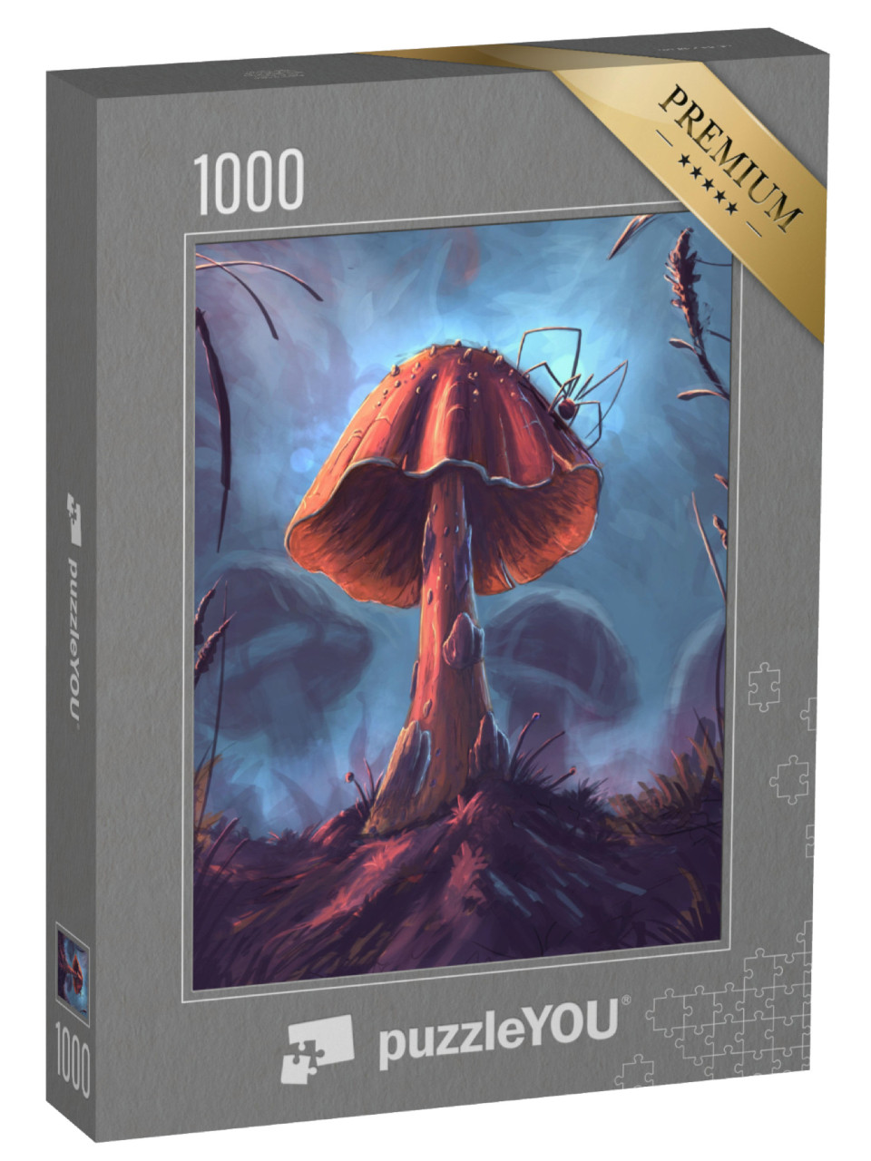 Puzzle 1000 pezzi „Un fungo di fantasia con ragno, illustrazione digitale“