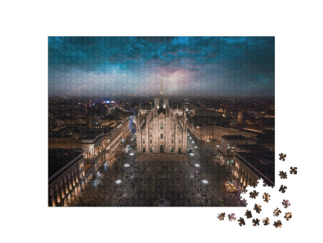 Puzzle 1000 pezzi „Piazza Duomo di fronte al Duomo di Milano durante un forte temporale“