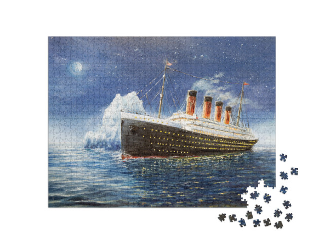 Puzzle 1000 pezzi „Dipinto a olio: Il Titanic si schianta contro l'iceberg“