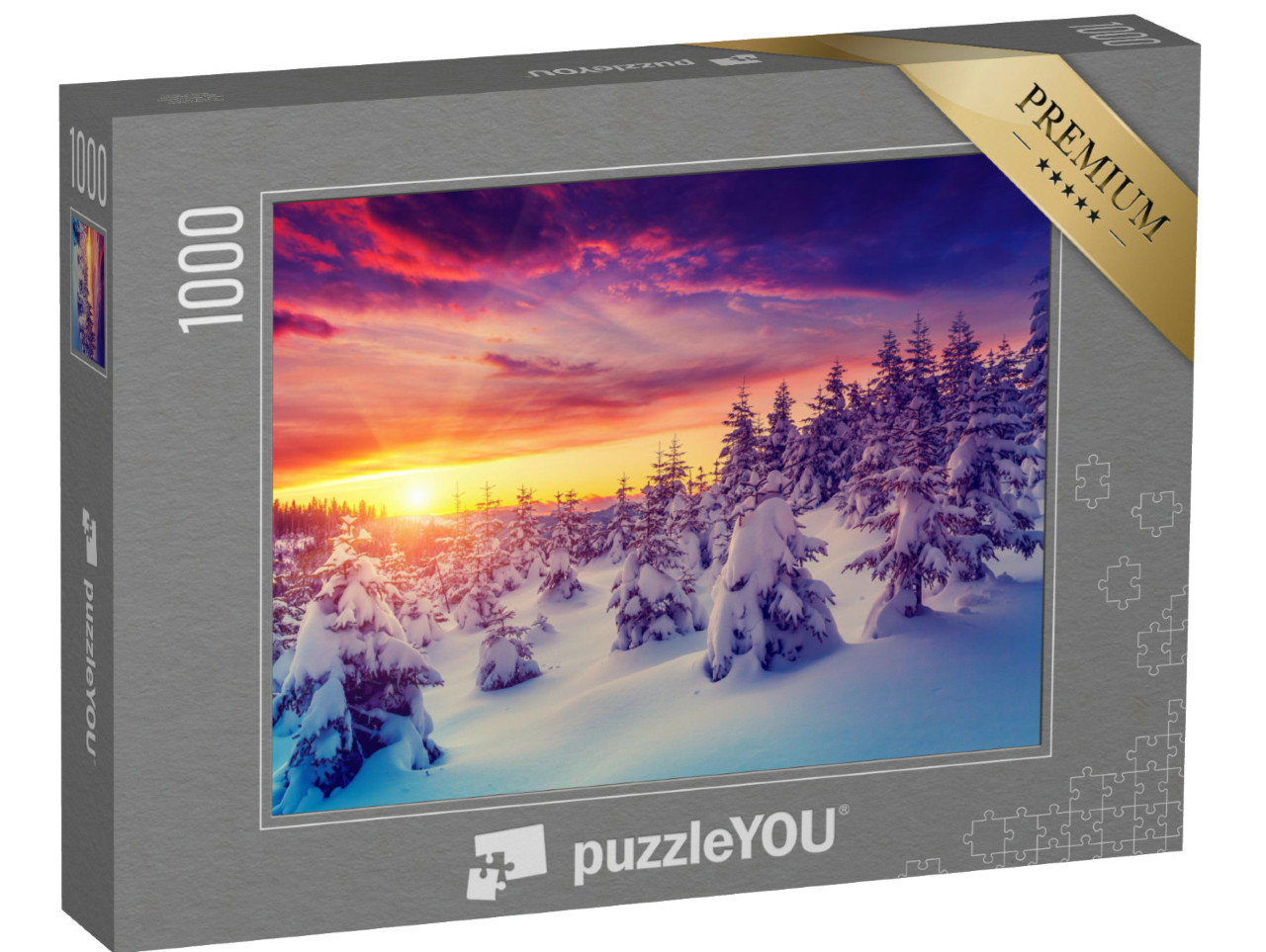 Puzzle 1000 pezzi „Fantastico paesaggio innevato alla luce della sera, Carpazi, Ucraina, Europa“