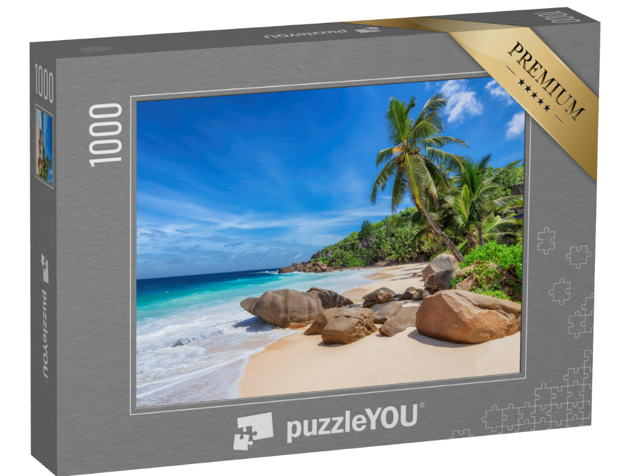 Puzzle 1000 pezzi „Spiaggia tropicale e palme da cocco alle Seychelles“