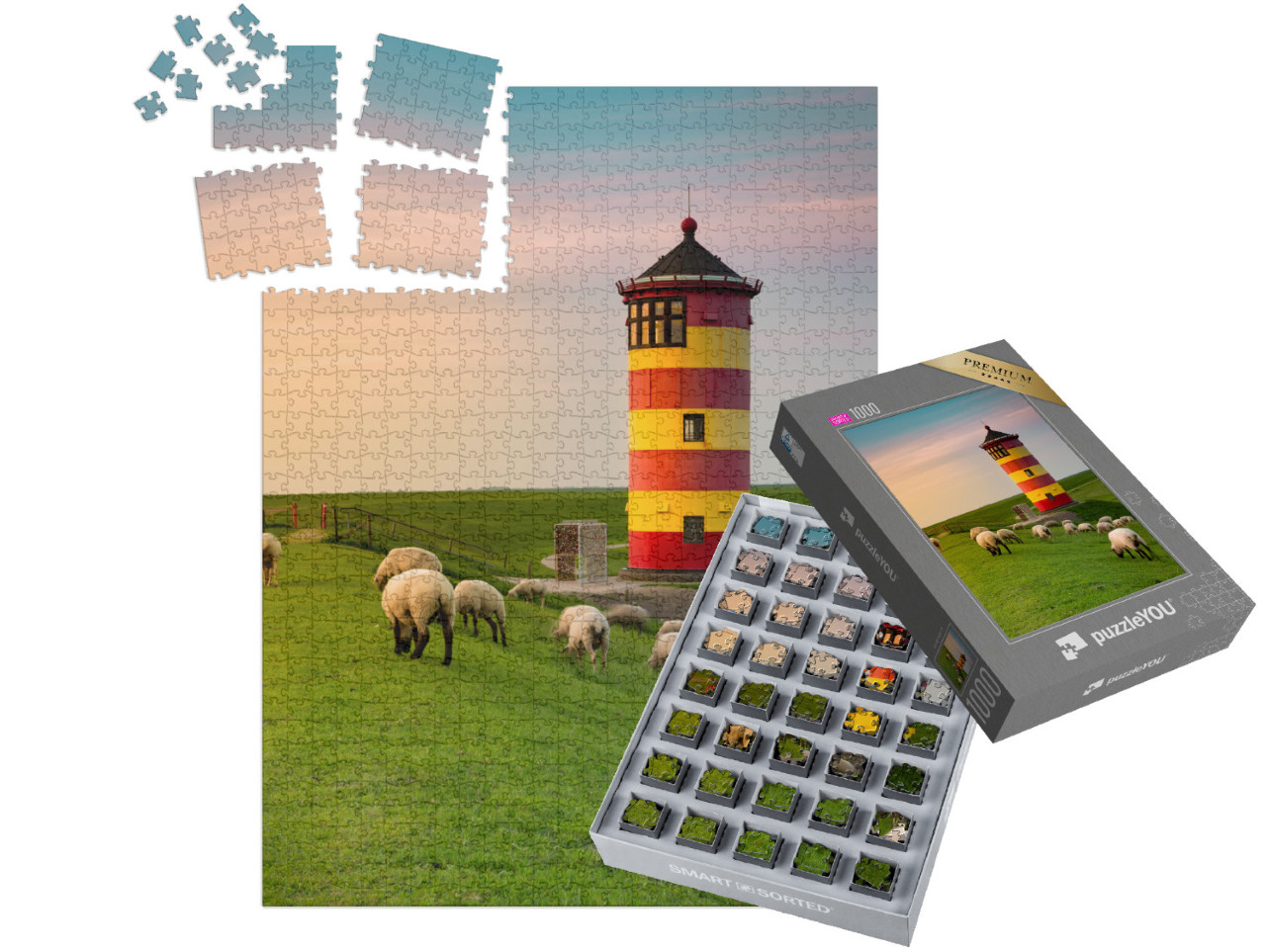 SMART SORTED® | Puzzle 1000 pezzi „Un bellissimo faro sulla costa della Frisia orientale“