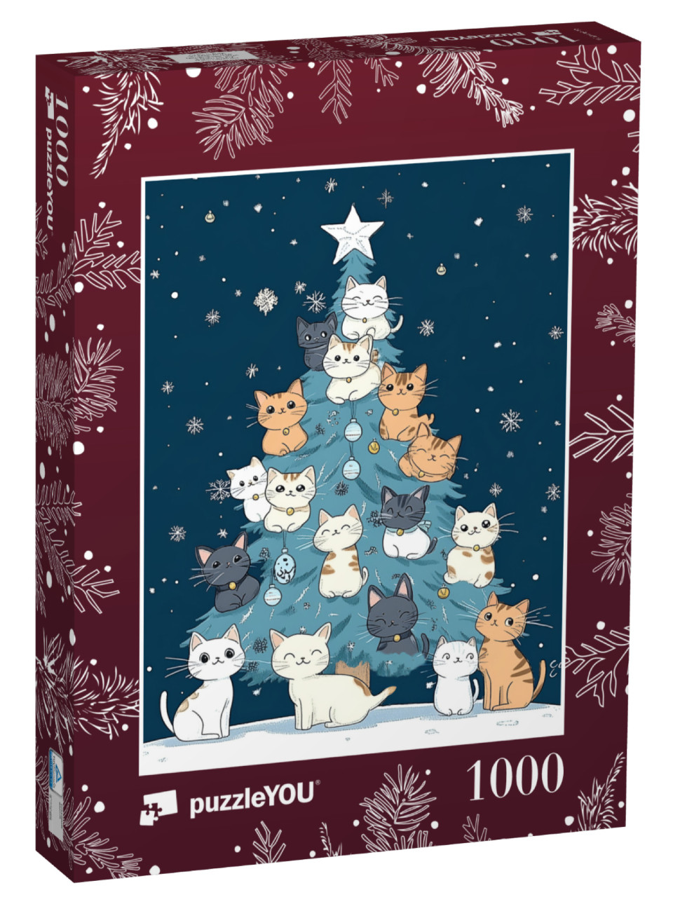 Puzzle 1000 pezzi „Illustrazione invernale: albero di Natale pieno di simpatici gatti“